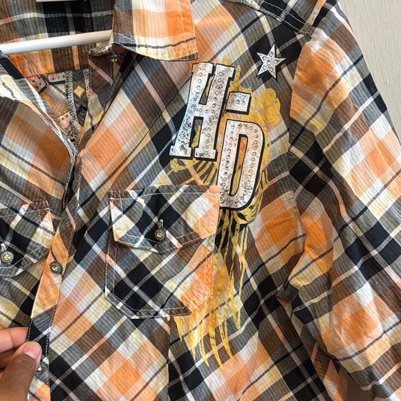 Harley-Davidson Orange and Black Plaid Shirt - Picture 2 of 4
